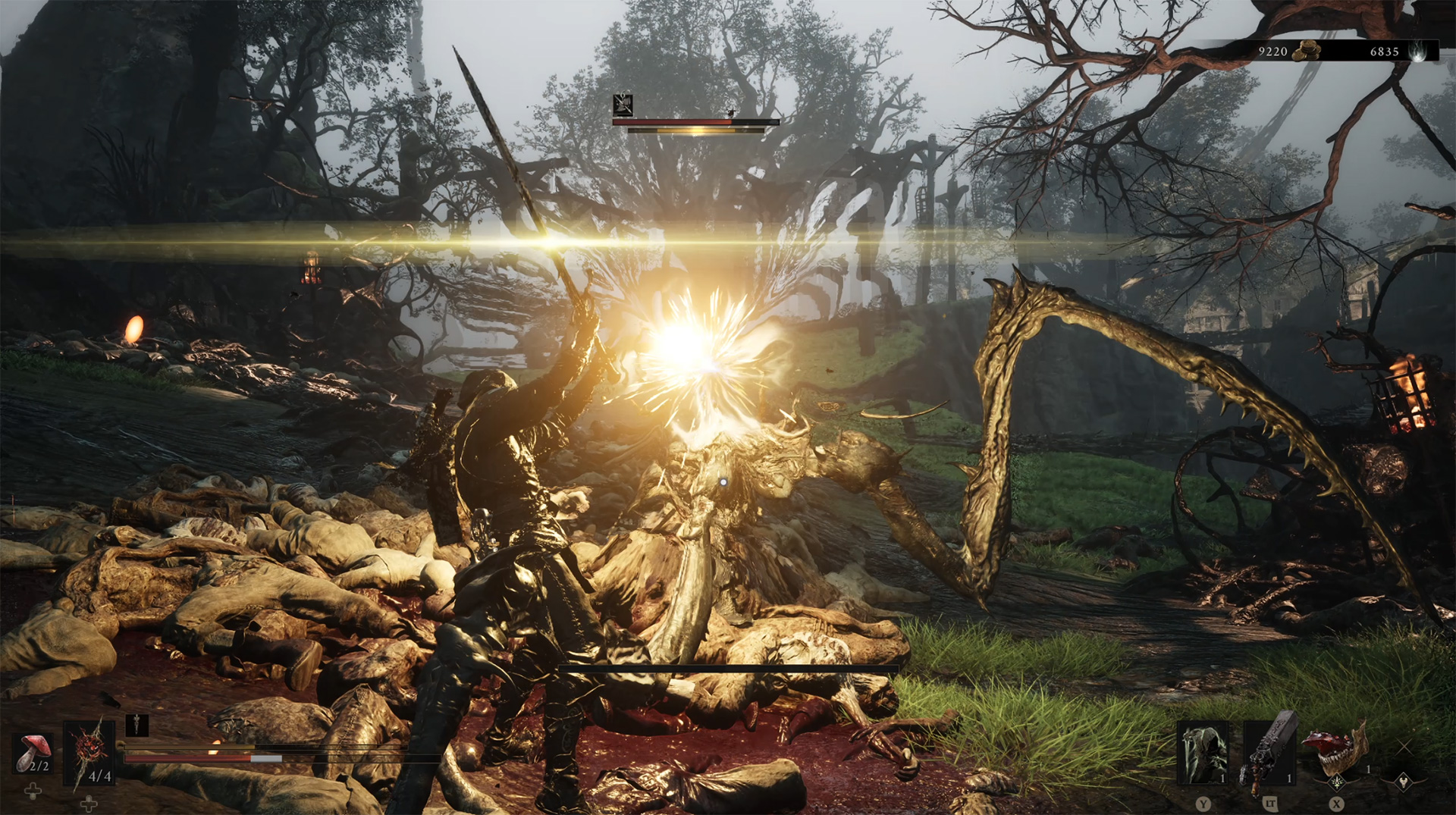 Tiel parrying a monster in Mortal Shell II