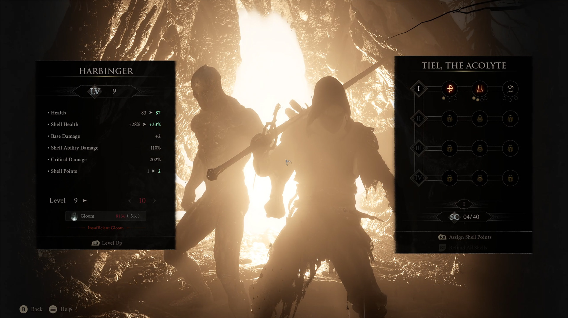 The Harbinger and Tiel, showing the upgrade screen